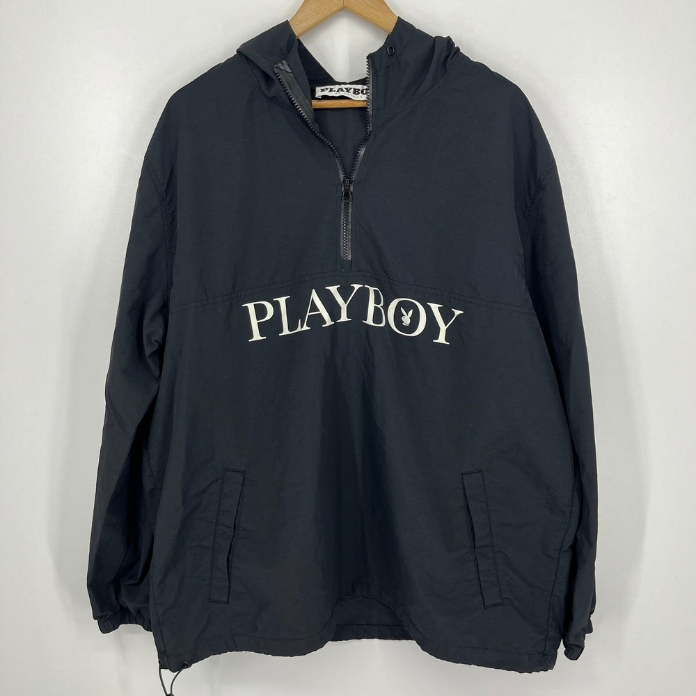 Playboy by PacSun Mens XL Black Half Zip Hooded Anorak Windbreaker Jacket Logo